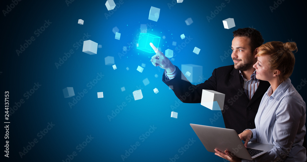 Poster Man and woman touching hologram screen displaying cube symbols

