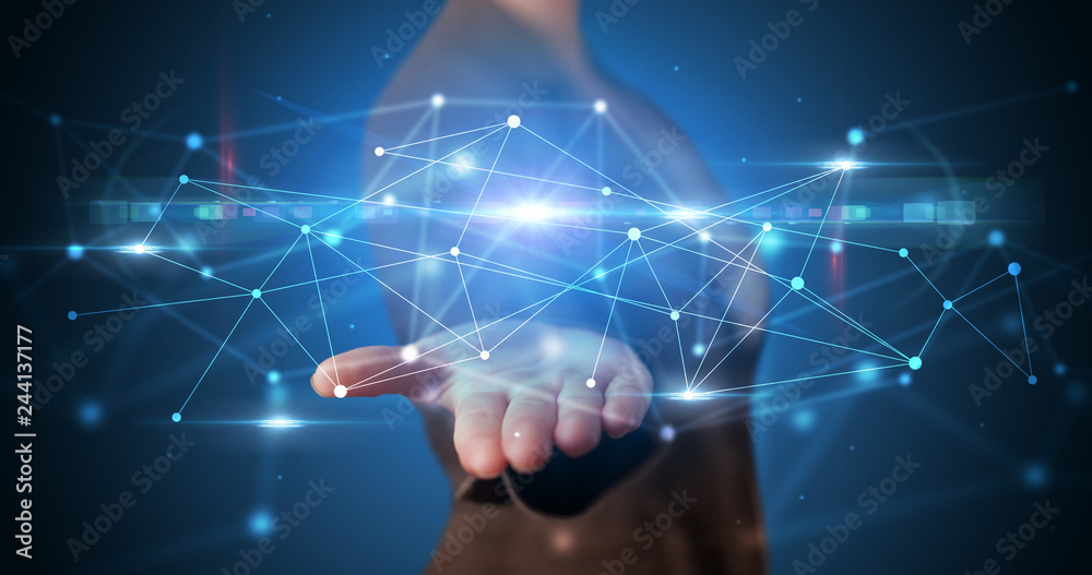 Poster handsome person holding hologram screen displaying modern cloud based web system technology