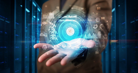 Man holding hologram projection displaying biometric security concept
