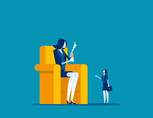 Big boss sitting on chair and talking employee. Concept business vector illustration, Meeting, Communication, Large