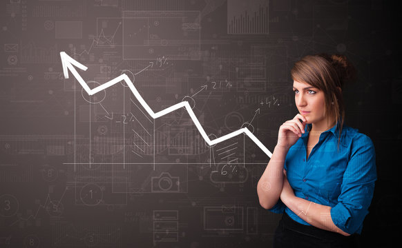 Young person standing with increasing graph concept
