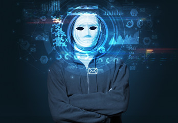 Facial recognition system. Young man on dark background, face recognition concept