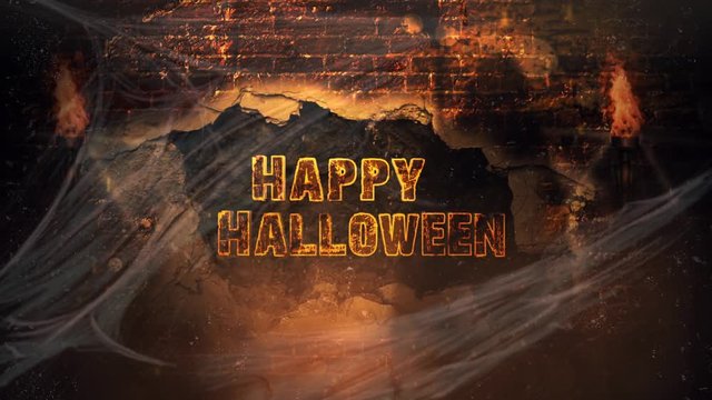 Happy Halloween Reaper Brick Explosion 4K Loop features the shadow of the Grim Reaper on a brick wall views through cobwebs with the brick wall exploding out and leaving happy Halloween text