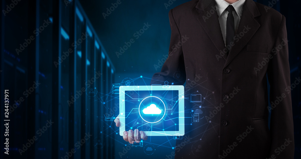Poster formal hand in server room with virtual workspace concept
