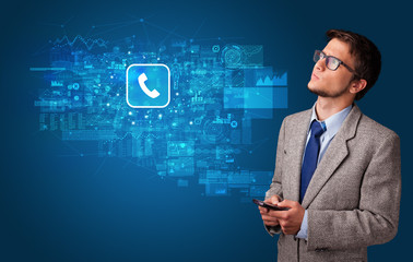 Young person using phone with mail and online communication concept
