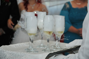 Waitress holding a dish of champagne and wine glasses at some festive event,
