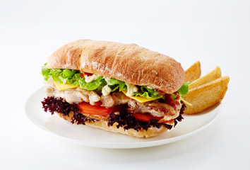 Delicious chicken hamburger on a white background