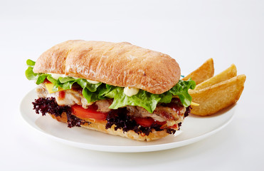 Delicious chicken hamburger on a white background