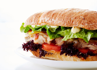 Delicious chicken hamburger on a white background