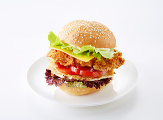 Delicious fried chicken hamburger on a white background