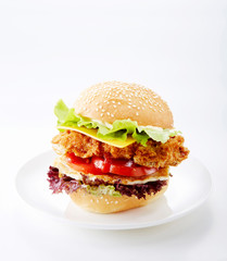 Delicious fried chicken hamburger on a white background