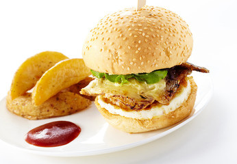 Tasty burger with french fries on a white background