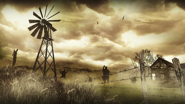 Zombies Down on the Farm 4K features zombie silhouettes walking toward the viewer in a foggy wheat field with a barbed wire fence, old windmill, and scarecrow in the scene 