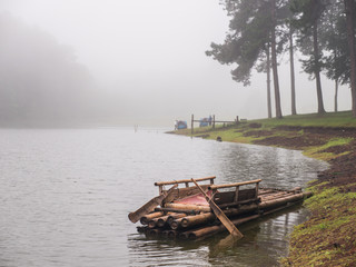 Wood raft on lake in natural park, Thailand