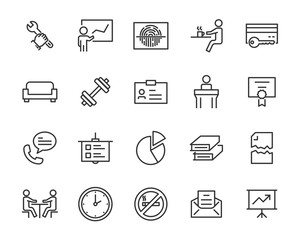 set of office icons, such as meeting room, document, coffee, paper, pen, laptop