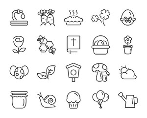 set of spring icons , such as harvest, farm, easter, flower, rain, garden