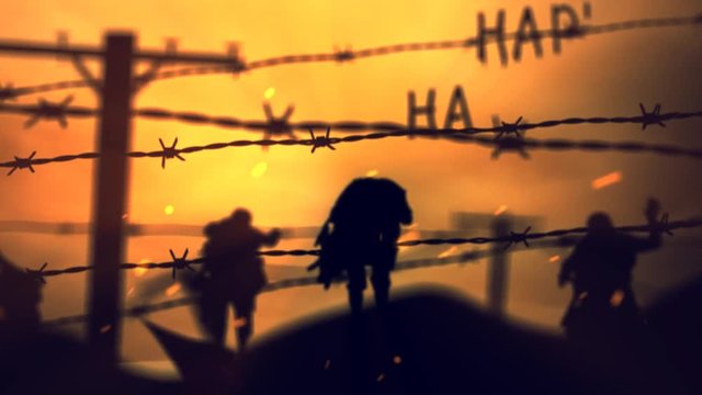 Barbwire Zombies at Sunset Happy Halloween 4K Loop features zombie silhouettes walking forward viewed through strands of barbed wire with moving clouds and particles and Happy Halloween