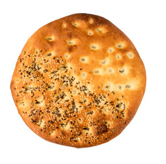 Homemade focaccia bread with sesame isolated on white background.