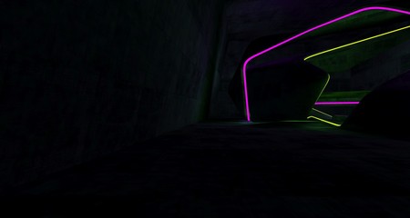 Abstract  Concrete Futuristic Sci-Fi interior With Pink And Yellow Glowing Neon Tubes . 3D illustration and rendering.