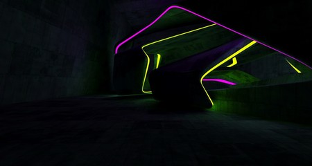Abstract  Concrete Futuristic Sci-Fi interior With Pink And Yellow Glowing Neon Tubes . 3D illustration and rendering.
