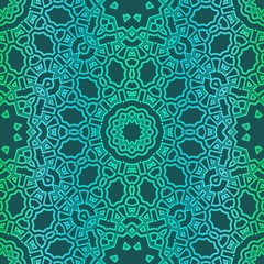 Floral Geometric Pattern With Hand-Drawing Mandala. Illustration. For Fabric, Textile, Print. Green color