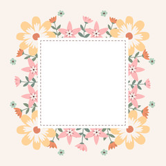 Floral greeting card and invitation template for wedding or birthday anniversary, Vector square shape of text box label and frame, Spring flowers wreath ivy style with branch and leaves.