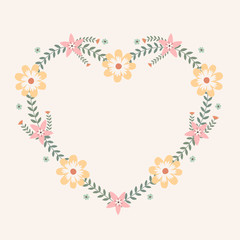 Floral greeting card and invitation template for wedding or birthday anniversary, Vector heart shape of text box label and frame, Spring flowers wreath ivy style with branch and leaves.