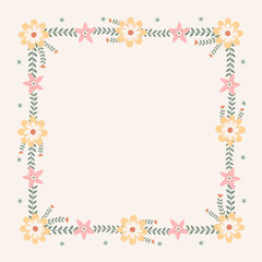 Floral greeting card and invitation template for wedding or birthday anniversary, Vector square shape of text box label and frame, Spring flowers wreath ivy style with branch and leaves.