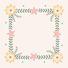 Floral greeting card and invitation template for wedding or birthday anniversary, Vector square shape of text box label and frame, Spring flowers wreath ivy style with branch and leaves.