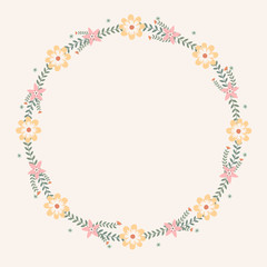 Floral greeting card and invitation template for wedding or birthday anniversary, Vector circle shape of text box label and frame, Spring flowers wreath ivy style with branch and leaves.