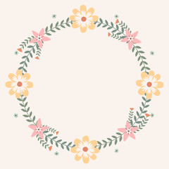 Fototapeta na wymiar Floral greeting card and invitation template for wedding or birthday anniversary, Vector circle shape of text box label and frame, Spring flowers wreath ivy style with branch and leaves.
