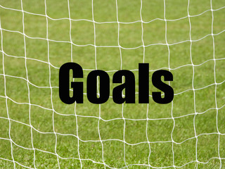 Soccer Goal Net and words GOALS on Green Grass Background with selective focus and crop fragment. Business and motivation concept