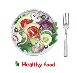  Vegetarian food. A plate with healthy vegetables, such as avocados, tomatoes, cucumbers, champignons, lettuce, onion rings. Watercolor illustration.