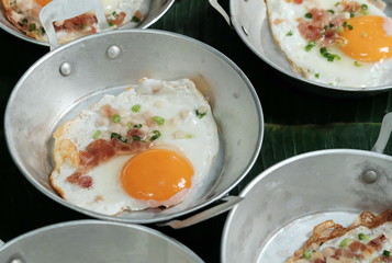 Panned egg with small pieces of grilled beef or pork bacon and top by sprinkle vegetables is popular menu for kids and family on holiday because it is easy to cook as quick breakfast and brunch