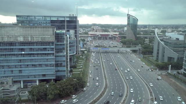 Extremely wide angle view of the bustling city of Gurgaon in Haryana with world class infrastructure housing the world's who is who and the biggest mnc in all fields 