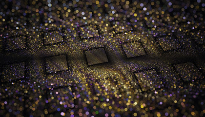 Beautiful gold background of glowing particles and circles with depth of field and bokeh. 3d illustration, 3d render