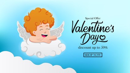 Illustration of love romance for valentine's day sale offer discount promotion event banner card coupon template with sleeping cupid on the cloud at the sky