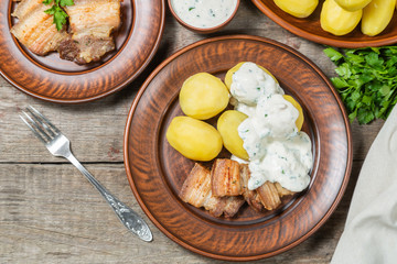 Roast pork belly with boiled potatoes and cream sauce. The view from the top. Copy-space.