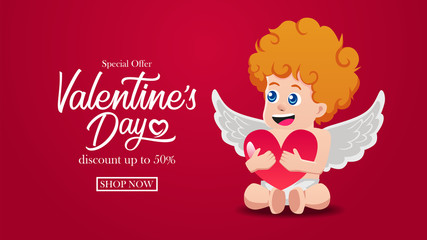 Illustration of love romance for valentine's day sale offer discount promotion event banner card coupon template with cupid hug love hearth on the red background