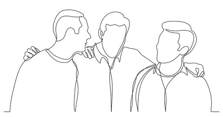 company of men friends hugging and talking - one line drawing