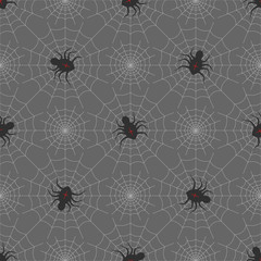 Spiders on Webs seamless pattern on gray background. halloween print
