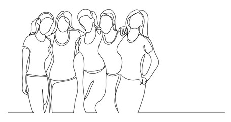 team of young female athletes standing together - one line drawing