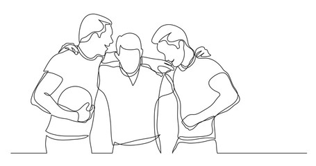 team of young male athletes standing together holding ball - one line drawing