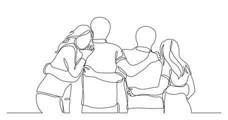 youth company of happy friends standing together - one line drawing