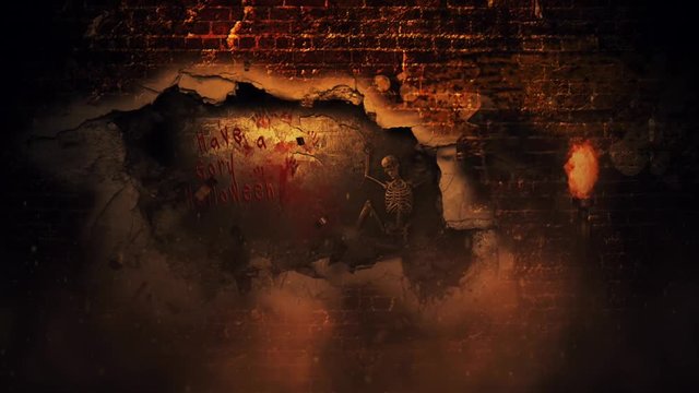 Gory Halloween Brick Wall Skeleton 4K Loop features the shadow of the grim reaper on a brick wall with fire and smoke in the atmosphere and the wall exploding to Have a gory Halloween and a skeleton