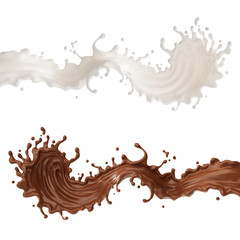 milk and Chocolate splash, Cocoa and yogurt white cream isolated on white background with clipping path.