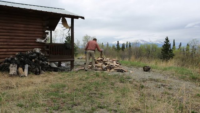 Mann beim Holz hacken