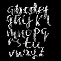 Chalk lower case font. Grunge script on chalkboard. Vector calligraphy illustration.