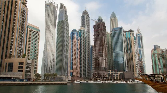 Dubai Marina urban panorama time-lapse UAE. zoom out