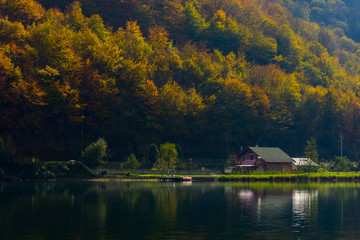 Fototapeta premium The lonely small wooden house on the coast of the lake